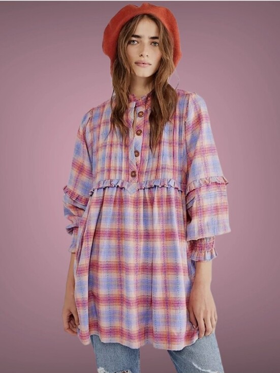 Free People Dresses & Skirts - Free People Pink Lavender Plaid Ruffle Tunic Dress